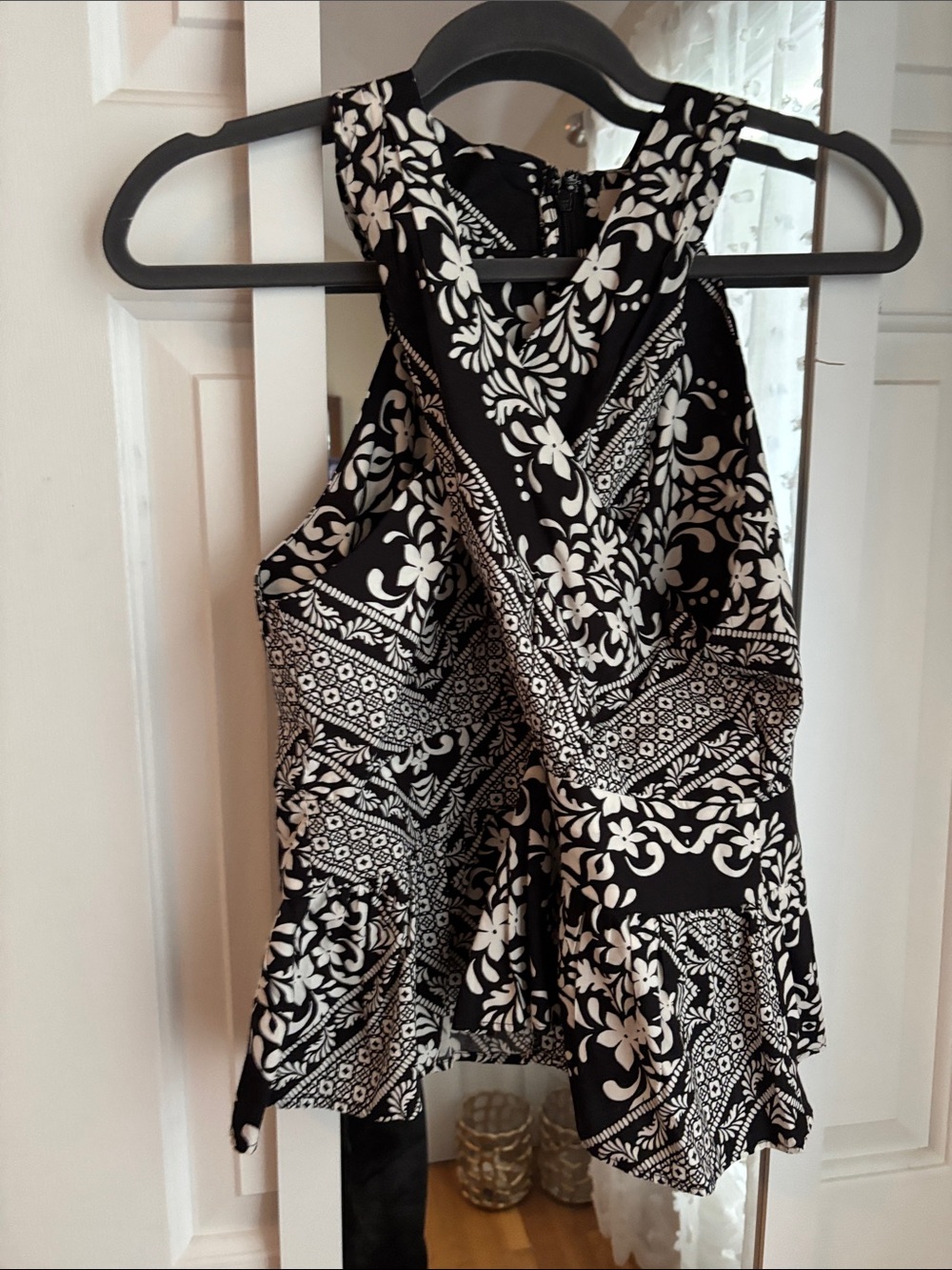 LOFT Black and White Floral Halter Peplum Top